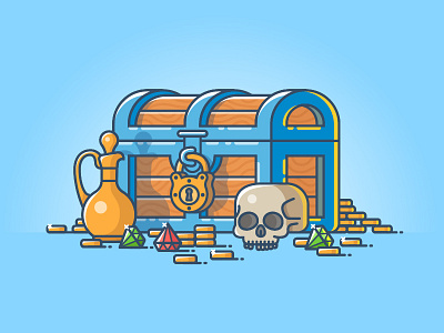 Treasure blue chest gold illustration lock skull treasure vector