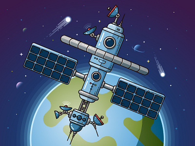 Space station earth flat illustration space stars station vector
