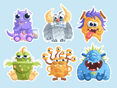 Funny monsters stickers character flat fun funny illustration monster sticker vector