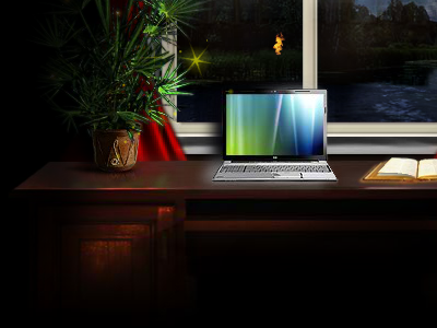 Freelancer Dream book landscape laptop night notebook plant pot shadows table window