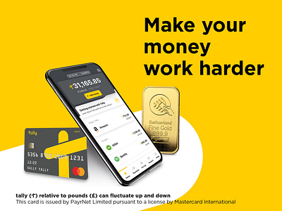 Tally app, card and gold branding currency debit digital digital bank gold harder mastercard money pounds social tally work yellow