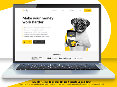 Tally website homepage app card currency design digital digital bank dog fun funny gold homepage iphone mastercard money pug savings tally web design website yellow