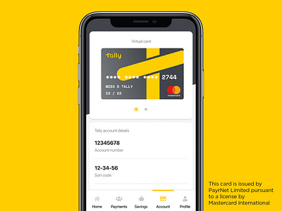 Tally virtual debit Mastercard app page account app bank card card currency debit card design digital digital bank gold iphone mobile money savings tally virtual yellow