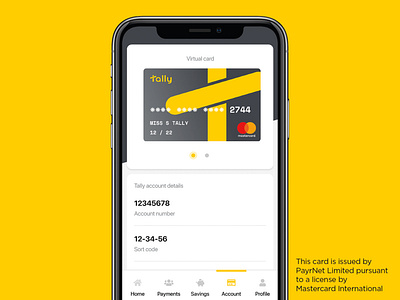 Tally virtual debit Mastercard app page