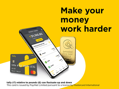 Tally social ad advertising app bank card card currency debit design digital digital bank gold gold bar iphone mastercard money savings savings account tally yellow