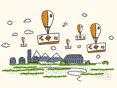 Package Shipped Email Illustration bike box buildings clouds create email hot air ballon illustration mountains package shipped whimsical