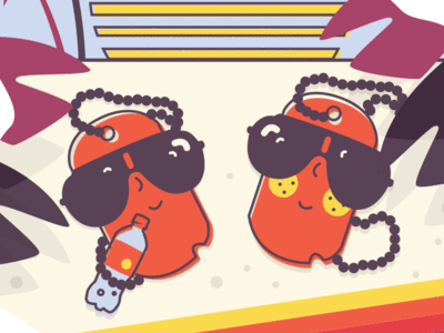 Couple of old friends chill'n on the beach 80s beach dog icon illustration palm retro sunglasses tags trees