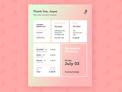 Email Receipt - D17 checkout color dailyui email icecream icon infopanel orderreceipt placeorder receipt ui www.dailyui.co