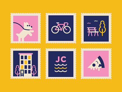 Neighborhood Stamps apartment bike clock color design dog house icon illustration jersey city neighborhood park pizza sailboat stamps torch vibrant warehouse water
