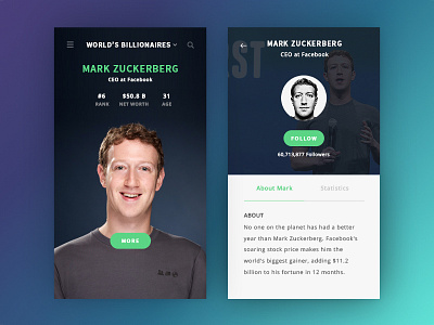 Profile Card app billionaires bio card clean design information minimal mobile profile ui