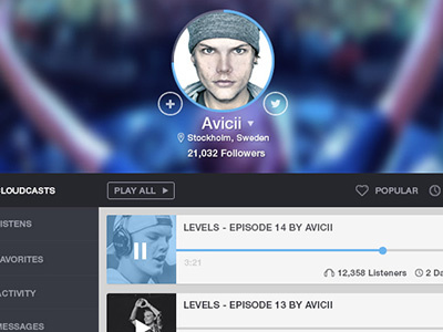 Mixcloud Redesign avatar blue blur flat mixcloud mixcloud redesign music music player profile profile page redesign
