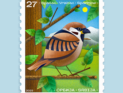 Sparrow Postage Stamp || Врабац || Illustration art artwork behance bird design drawing graphic design illustration illustrator logo nature photoshop sparrow