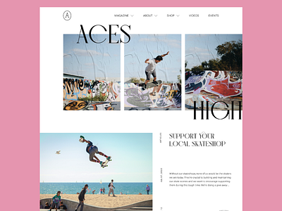 Aces High Homepage — 01 aces blog branding clean flat graffiti high logo magazine minimal pink skate skateboarding typography ui user interface ux website