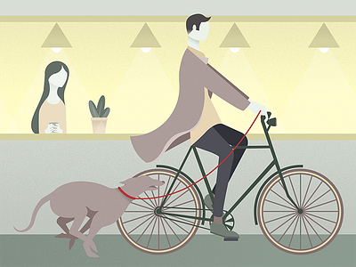 Commute bike coffee commute dog editorial illustration lady light man morning plant shadow