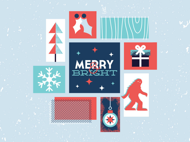 Merry & Bright snowflake merry holiday retro illustration