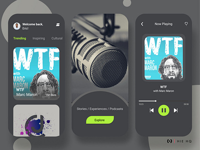 Podcast App app branding design entertainment grey illustration infotainment interaction design logo mobile mobile app music podcast podcast app product design ui ui design ux