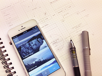 App Sktech app blog feed flat gps iphone location mockup mountains sketch wireframe