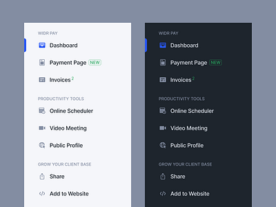 Widr Pay Sidebar billing dark finance fintech interaction interface invoice legaltech menu navigation payment sidebar ui ux