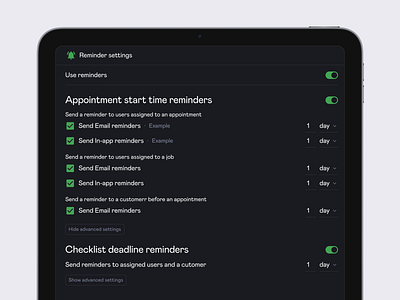 Reminder settings dark version black ui clean dark ios ipad ipad pro management mobile mobile design product product design settings software tablet true tone