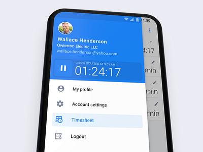 Timesheet Mobile Timer android clock interface material material ui menu mobile mobile app design navigation navigation drawer product design stopwatch timer timesheet ui ux