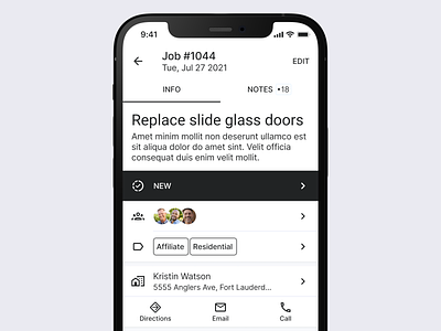 Job profile screen app black ios iphone job management material design mobile mockup product design project management typography ui user experience user interface ux