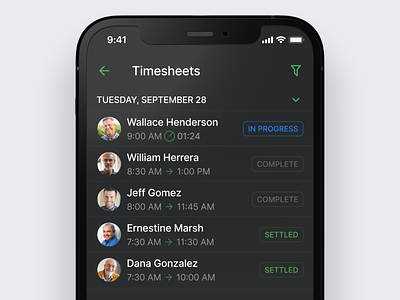 Timesheets mobile dark app clock in dark dark ui interaction interface ios iphone job management list mobile product design project management refactoring schedule time tracking ui users ux