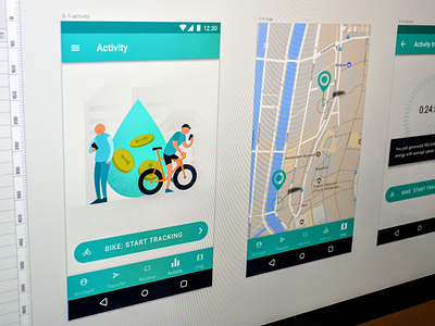 Tracking app bike character eco illustration map material design running tracking ui