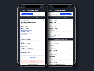 Scheduled events app dark design interaction interface ios iphone typography ui ux