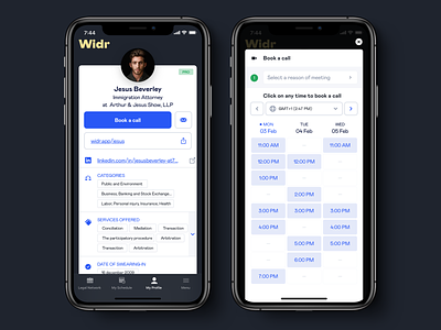 Polished profile booking calendar dark datepicker form grid interface iphone legal legaltech profile redesign time time picker ui