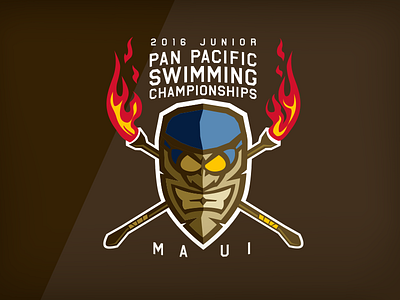 Junior Pan Pacs Swimming Logo angry event fierce fire goggles maui olympics sports swimming tiki torch woodcut
