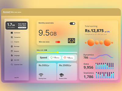 Internet Service Dashboard app app design art branding case study colourfull dashboard figma glass glassmorphism graphics india landing page logo telecome typography ui ux vector websesign