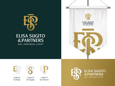 LAW FIRM LOGO FOR ELISA SUGITO AND PARTNER company firm gold logo justice logo law law firm letter e letter p letter s logo minimalist monogram
