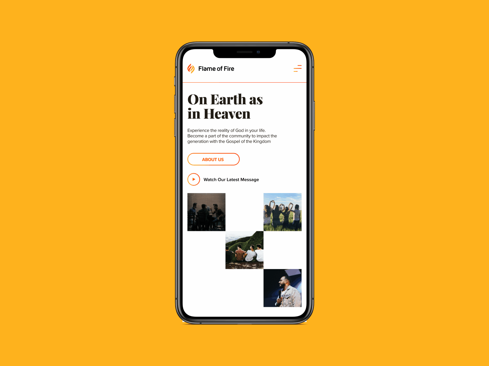 Flame of Fire Mobile Landing animation branding christian church fire flame flame of fire ios iphone jesus landing landing page layout ministry mobile mobile ui nonprofit ui ux yellow