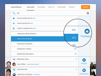 ExpertQloud search drop down landing search website