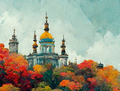 Kyiv in Spring beauty blue and yellow clouds drawing graphic design illustration kyiv ukraine