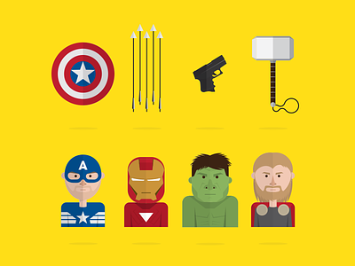 Avengers 01 arrow avengers captain america characters gun hammer hulk illustration iron man shield thor vector