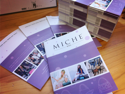 Miche Bags booklet brand catalog graphic design handbag miche print purple women