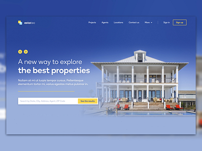 Real estate hero header blue header hero homepage house landing property real estate ui ui design ux ux design