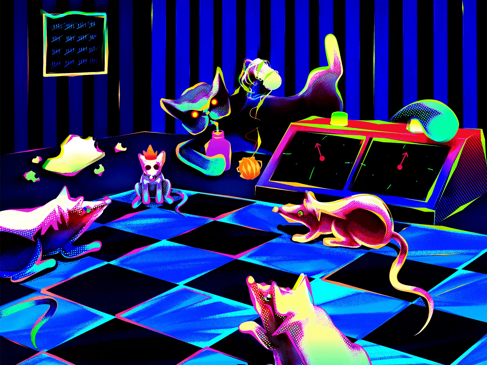 Checkmate animation cat checkmate chess colorful daliesque gif illustration loop rats surreal vivid