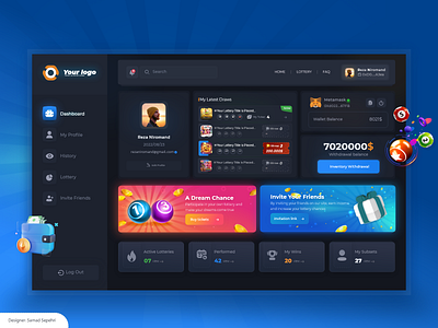 Lottery Website User Panel airdrop award bet cryptocurrency dashboard game lottery lottery web 3 nft nft ticket ui user panel ux wallet web web design web3 winner