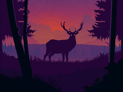Deer In Forest deer forest illustration sunset