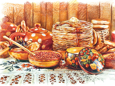 Russian dishes. Pancake dishes illustrations pancake pencils russian