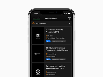 Opportunities List 💼 cards graduate ios jobs list recruitment roles user interface user interface design ux ux ui