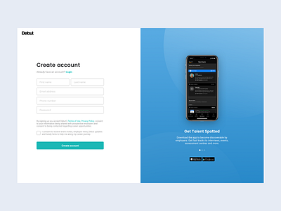 We're bringing Debut to the web! 🖥🎉 create account graduate onboarding profile recruitment ui user experience ux web design