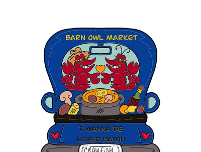 Crawfish Boil Truck in Blue barn owl market crawfish crawfish boil crawfish truck digital art illustration mardi gras procreate