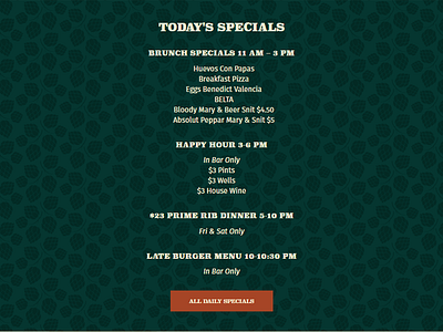Daily Specials section of homepage brewery brunch burgers colorado food green happy hour menu pattern rust specials website