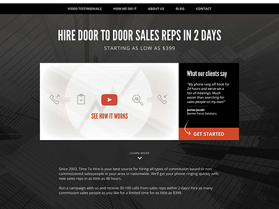 Homepage design snippet, national salesperson sourcing agency black explainer homepage modern orange sales salespeople video website design