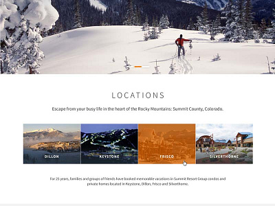 Colorado resort lodging website homepage snippet homepage lodging rentals resort snow vacation winter