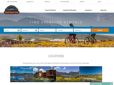 New homepage layout design for Colorado resort lodging company colorado company design homepage lodging rentals resort