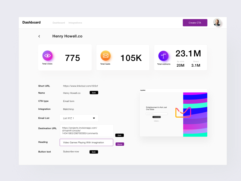 User dashboard edit current cta